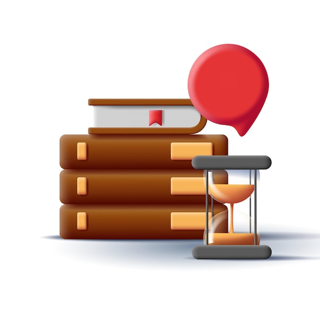 3d icon of pile of books with sand clock and speech bubble