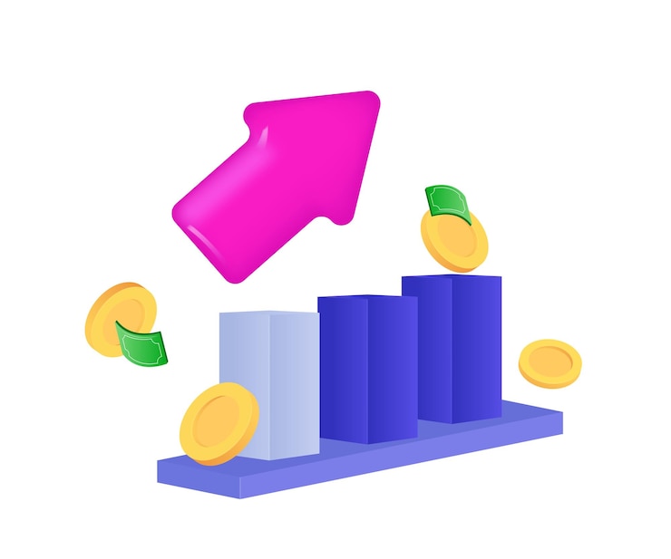 Vector 3d icon realistic purple pink growth chart dollar trade arrow trade new concept vector