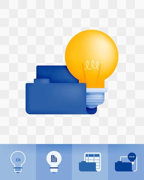 Vector 3d icon realistic render style of bulb or lamp in folder metaphor to store and archive ideas in data and documents can be used for websites apps ads posters banners brochures corporate flyers