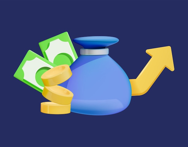 3D icon revenue growth increasing graph Bag of money cash and an upward arrow