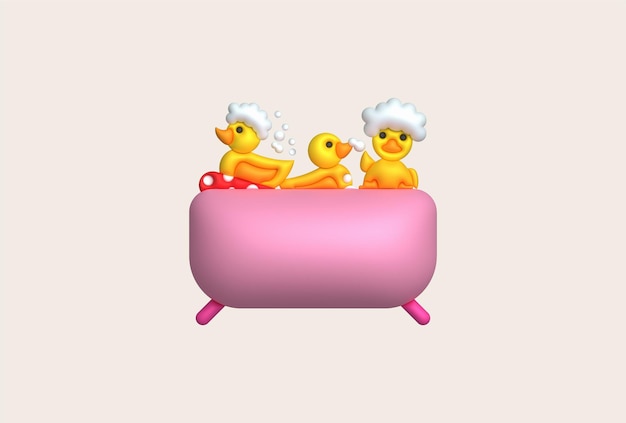 3D icon Rubber duck playing with bubble water or bath toy in bathtub