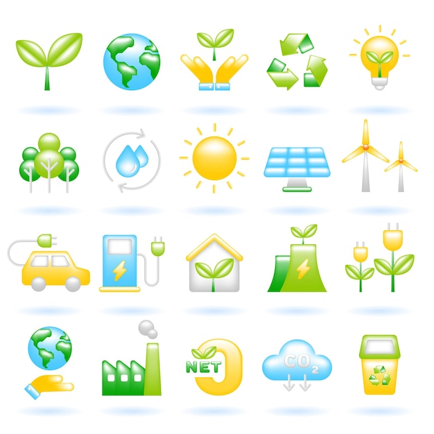 3D Icon Set of Ecology Sustainability Environment Concept Plant Aarde Recycle Bulb Forest Sun Solar Cell Turbine Leuke Realistische Cartoon Minimaal 3D Render Vector Icon Geïsoleerde Illustratie