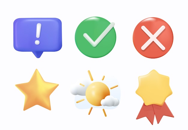 Icone 3d impostate in stile cartone animato realistico segno di spunta sì segnare nessun simbolo stella dorata sole e nuvole