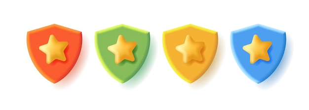 Set di icone 3d di uno scudo con stella in diversi colori