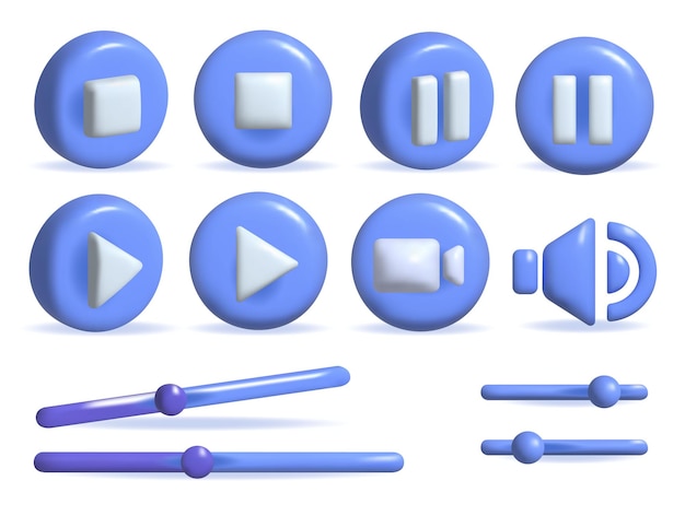 ビデオの 3D アイコン 青い円上の停止と再生のアイコン 音量と明るさのスライダー