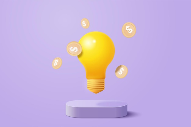 3D идея зарабатывать деньги монеты на пастельном фоне растущий бизнес изолированная концепция 3d вектор денег рендеринг для финансовых инвестиций лампочка как идея заработать с концепцией иллюстрации