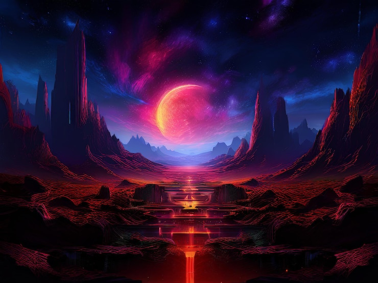 Vector 3d-illustratie abstract landschap met een maan en berg