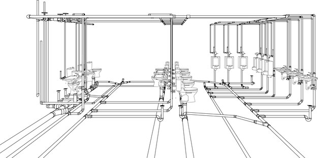 Vector 3d-illustratie van de bouw van gebouwen en leidingen