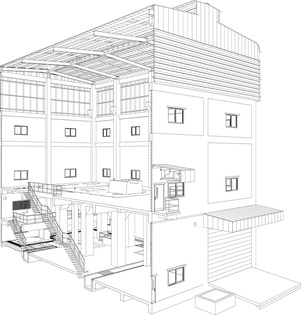 Vector 3d-illustratie van een industrieel gebouw