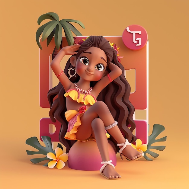 Vector 3d-illustratie van een jong polynesisch vrouwelijk personage met een tropische esthetiek