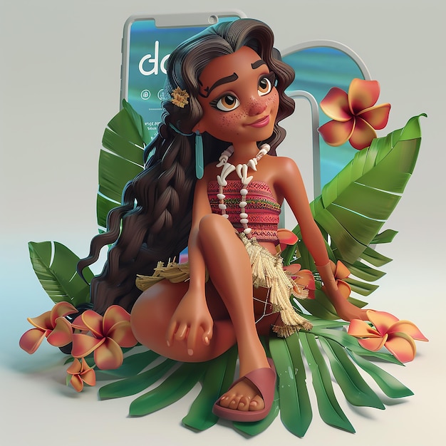 3D-illustratie van een jong Polynesisch vrouwelijk personage met een tropische esthetiek