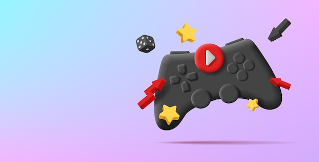 3D illustratie van gamepad-controller met knoppen en dynamische speelsterren en dobbelstenen kubus renderen stijl