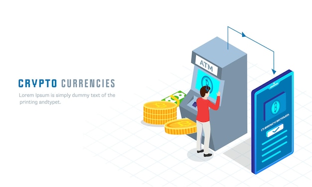 3d illustratie van man bitcoin betaling van atm naar smartphone op witte achtergrond voor crypto valuta concept.