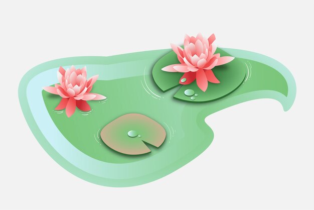 3d illustratie van roze waterlelie op het afgeronde blad in groene gradiëntpool