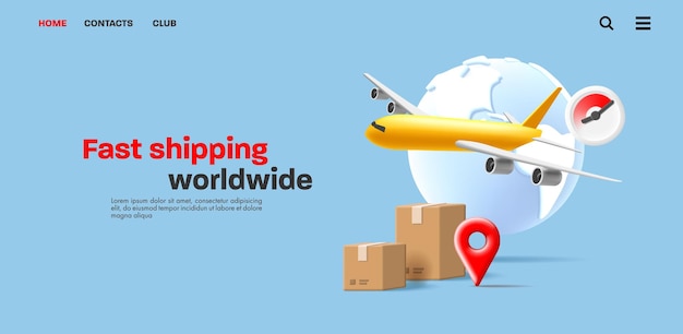 3d illustration banner with carton boxes air plane and stopwatch with white globe fast worldwide shipment