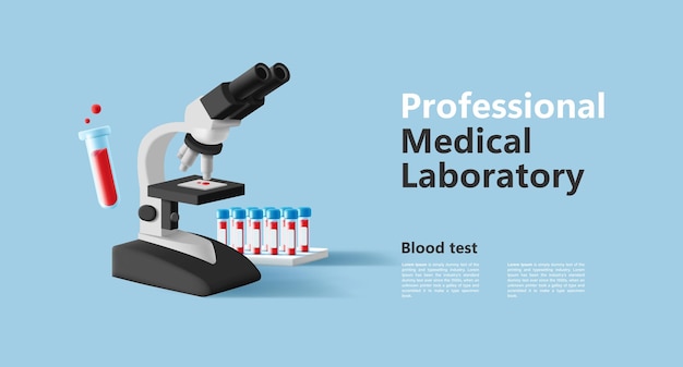 Vector 3d illustration of blood test laboratory with blood samples in glass beaker tubes and microscope with biological material web banner