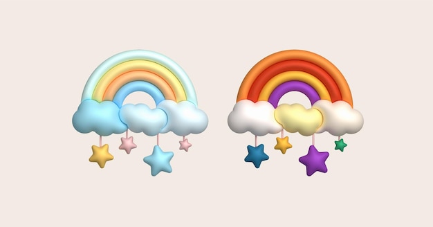 3D illustration Bright rainbows clouds and hanging stars minimal style