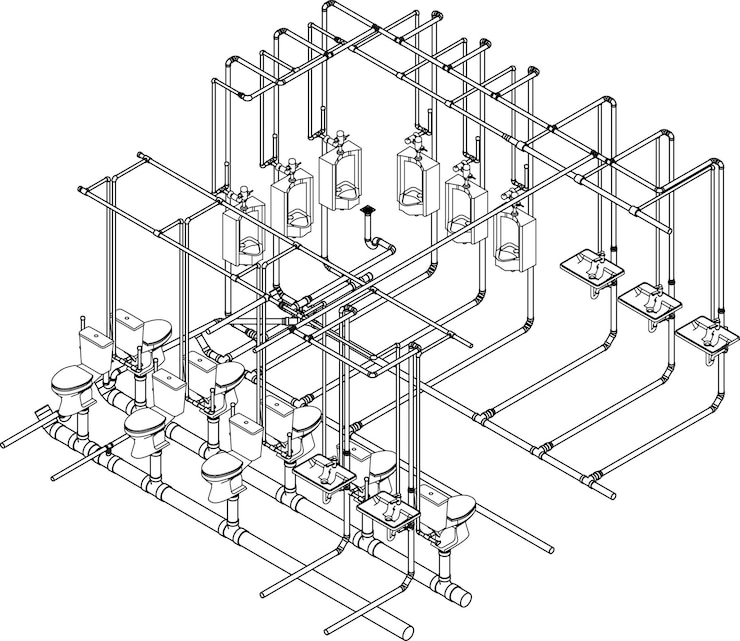 Vector 3d illustration of building construction and piping