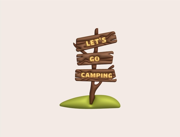 Vector 3d illustration camp wooden pointer for camping and outdoor travel expedition