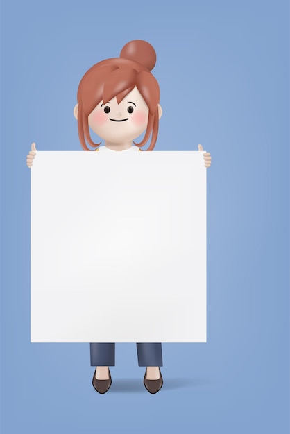 3d illustration cartoon character young woman holding blank placard