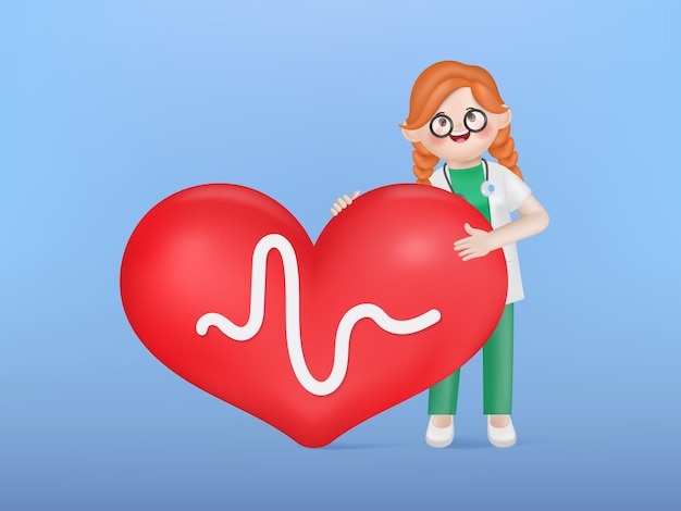 Vettore illustrazione 3d cartone animato carino medico donna personaggio con una forma di cuore rosso.