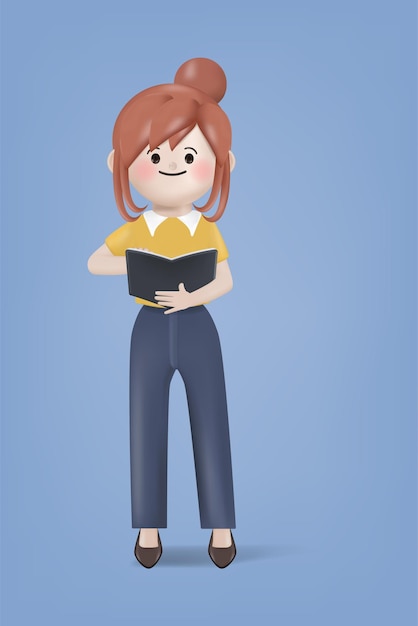 3d illustration cartoon young woman reading a book character