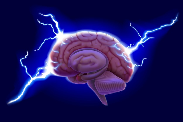 3D illustration of cerebral hemispheres with lightning floating on a dark blue background