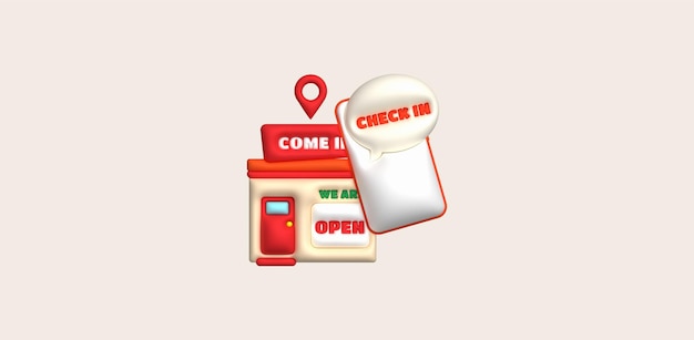 3D illustration Checkin at a shop that travels on the phone online