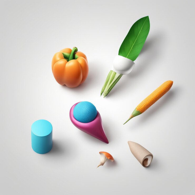 Vector 3d illustration of colorful food and vegetable on gray background rendering high quality illu