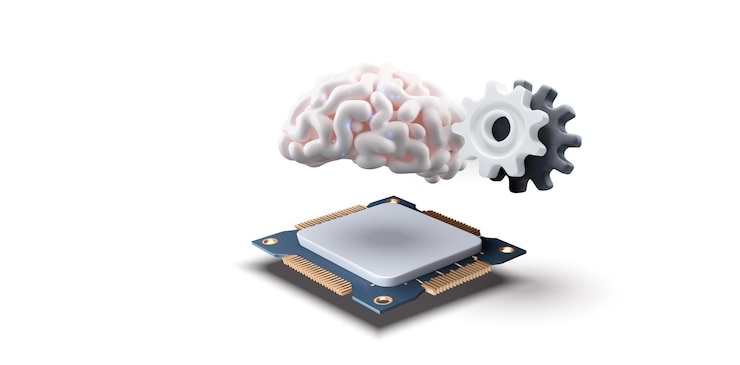 Vector 3d illustration of a computer processor with a brain and a gear hovering above it symbolizing artificial intelligence and machine learning perfect for tech and innovationrelated content vector