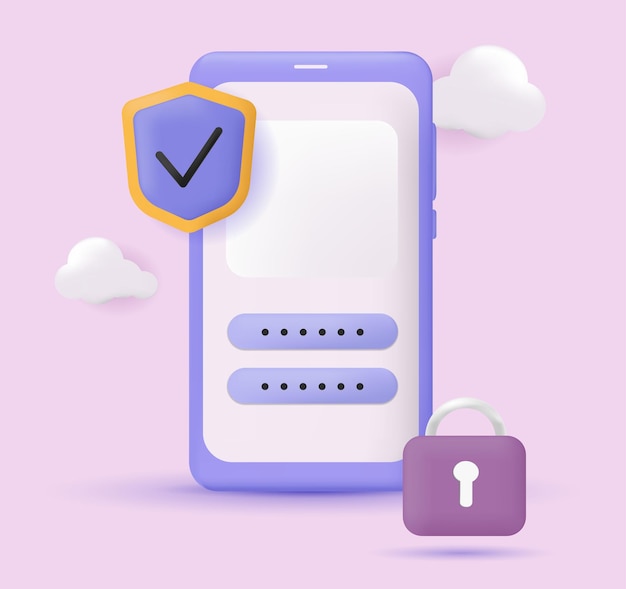Illustrazione 3d il concetto di sicurezza dei dati personali nel telefono nelle applicazioni mobili login a