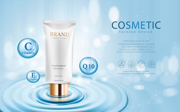 Mockup cosmetico illustrazione 3d su acqua e isolato su sfondo bokeh