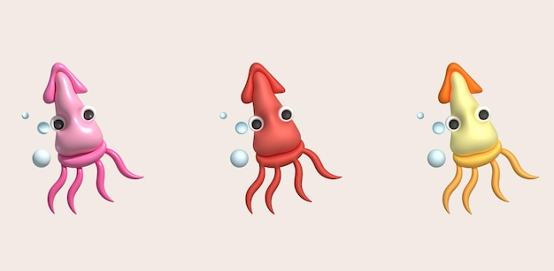 Vector 3d illustration cute underwater animals squid and octopus minimal style