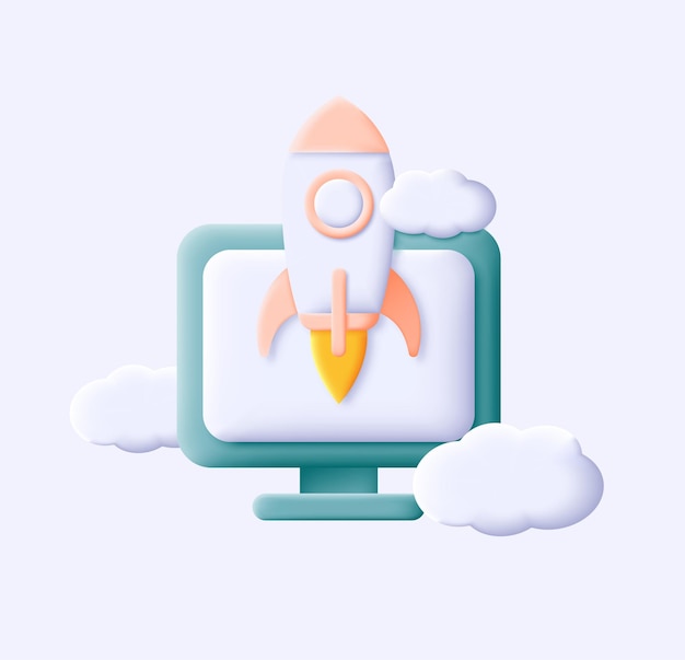 3d illustration of desktop computer with spaceship flying out of the screen 3d cartoon style vector