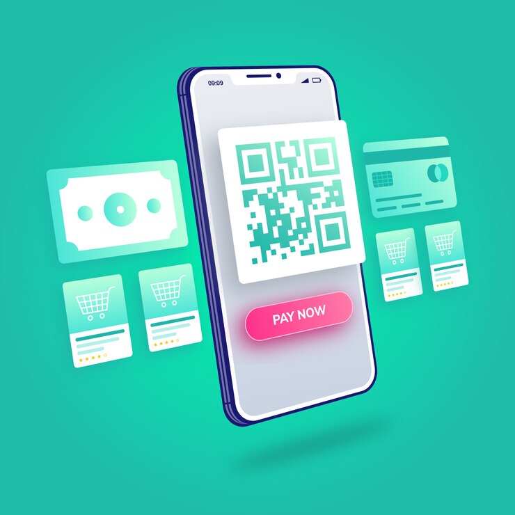 Vector 3d illustration e-commerce online shopping qr code payment mobile application