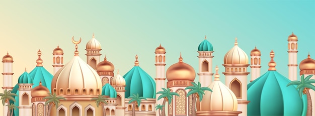 Illustrazione 3d di un squisito modello di edificio di moschea decorato con una cupola di ottone lucido.