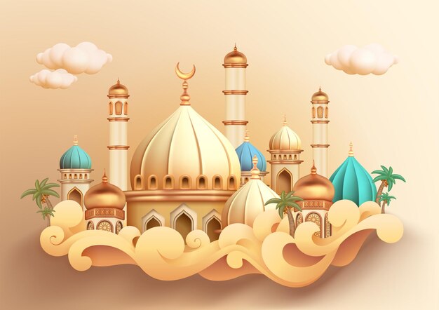 Vector 3d illustration of an exquisite mosque building model decorated with glossy brass dome