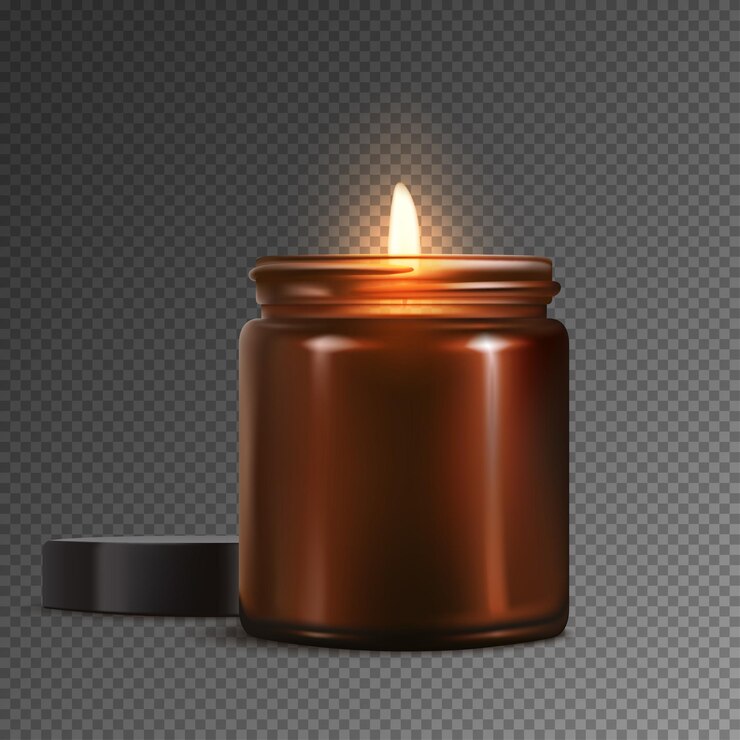 Vector 3d illustration of a glowing candle in a brown glass jar isolated on a transparent background