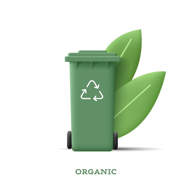 分離された葉とリサイクル アイコンを持つ有機廃棄物の緑のゴミ箱の 3 d イラストレーション