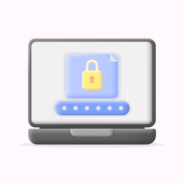 Иллюстрация ноутбука с защищенным интерфейсом входа с желтым замком и паролем