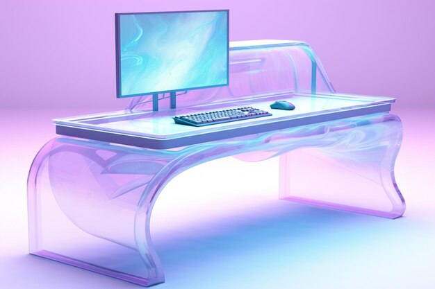 3d illustration of a large flat tv stands on a white coffee table on a bluepink background a place