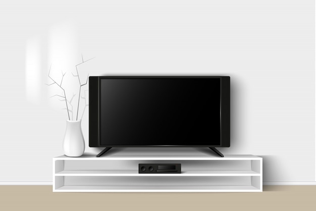 Vector 3d illustration of led tv stand on a wooden table. house living room modern interior design.