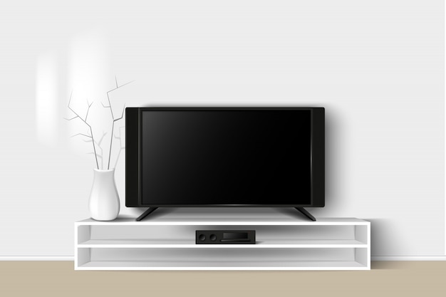 3d illustration of led tv stand on a wooden table. house living room modern interior design.