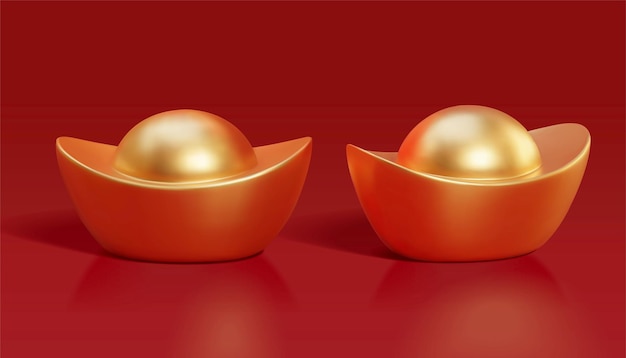 3d illustration of matt gold sycee or ingots concept of being rich and wealthy asian festival decor element isolated on red background