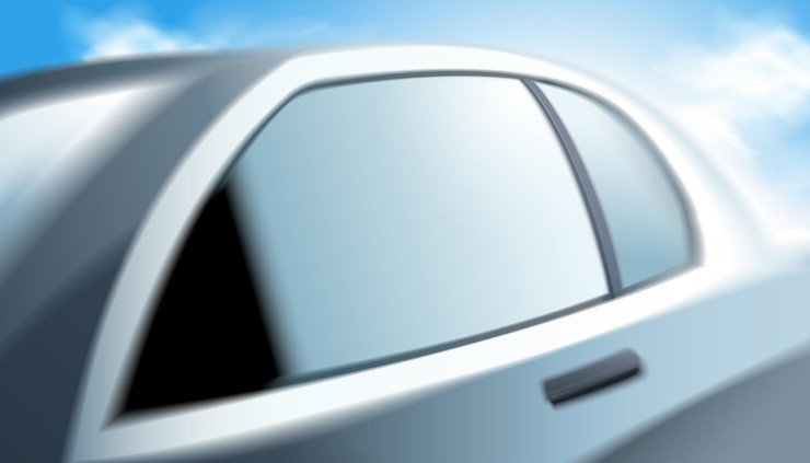 Vector 3d illustration of modern silver car against blue sky outdoors