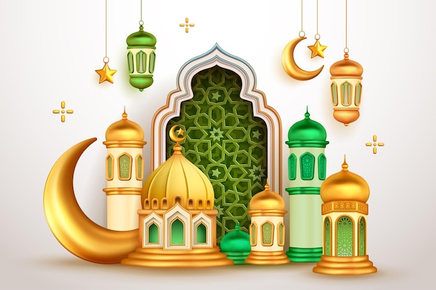 Vector 3d illustration mosque and crescent with arabesque decorations vector