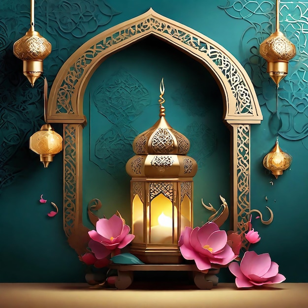 3d illustration of a mosque with golden moon and stars ornament