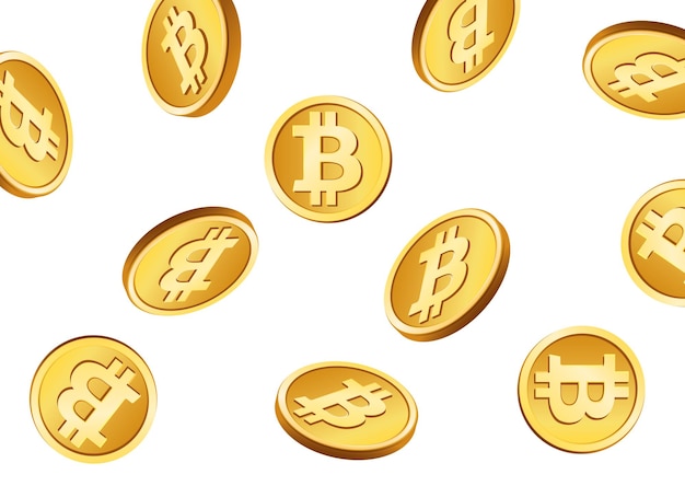 3D illustration of multiple golden Bitcoin coins cascading through the air symbolizing wealth investment and digital currency movement