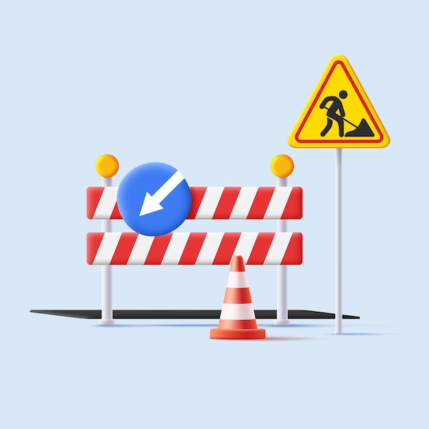 Vector 3d illustration od street road sign of reparation road works with detour and striped barrier with cone and lights