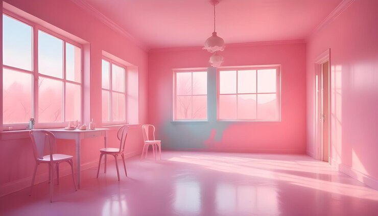 Vector 3d illustration of a pink room with a white table and chairs windows with a view of a pastelcolored landscape and a hanging light fixture